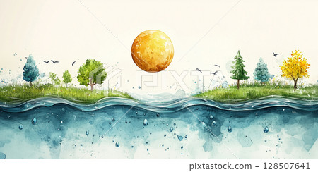 Watercolor painting depicting islands with lush vegetation floating on water, the importance of ecological balance Watercolor painting depicting islands with lush vegetation floating on water, the importance of ecological balance 128507641