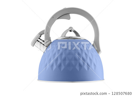 kettle with whistle, matte Blue color, with rhombus texture on isolated and white background kettle with whistle, matte Blue color, with rhombus texture on isolated and white background 128507680