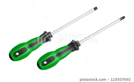 Two Screwdrivers Flat and Phillips with Ergonomic Handles Set Green color on isolated background 128507692