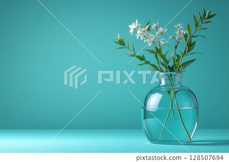 Delicate white flowers in a round glass vase filled with clean water, awareness copy space 128507694