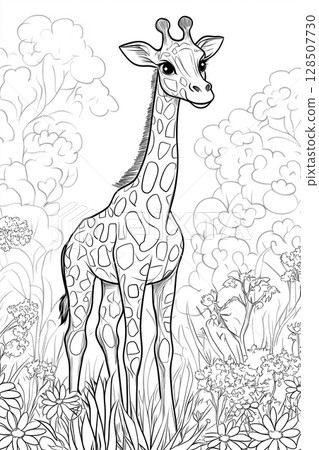 a detailed black and white line art of a giraffe standing gracefully among flowers and lush vegetation World Wildlife Day coloring page for kids a detailed black and white line art of a giraffe standing gracefully among flowers and lush vegetation World Wildlife Day coloring page for kids 128507730