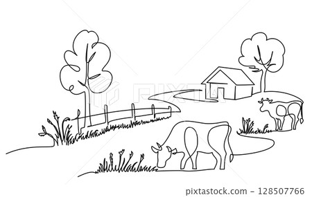 Village house with road fence and cow. Continuous one line drawing. Village house with road fence and cow. Continuous one line drawing. 128507766