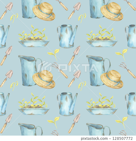 Garden tools, seedlings, blue pitchers, and straw hats repeat over a light blue background in this seamless pattern. Watercolor clipart perfect for fabric, digital scrapbooks, or aprons. 128507772