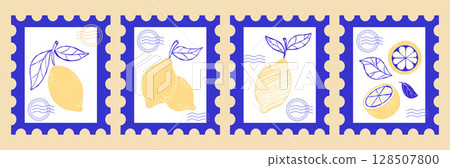 Mediterranean Postage Stamps set. Vintage Yellow lemons with blue leaves. la dolce vita aesthetics. Isolated Trendy Aesthetic vertical Posters Stamps Hand sketch drawing. Vector illustration. Not AI 128507800