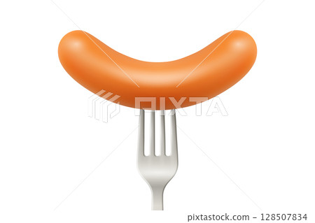 Vector 3d Realistic Grilled Sausage on Fork, Isolated. Cooked Sausage with Grill Cuts for BBQ Menu, Picnic Food, Meat Product Design, Restaurant Icon, Butcher Branding, Culinary Concept, Packaging 128507834