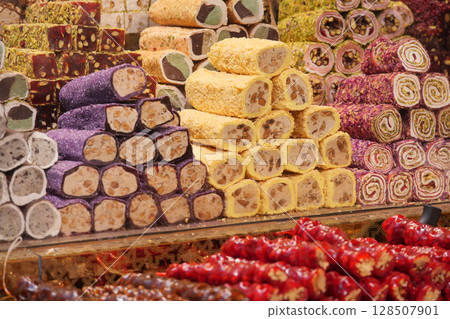 Turkish traditional sweet Turkish delight sold in the market 128507901