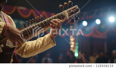 Hands playing a traditional Indian sitar on stage. Cultural heritage and festive musical performance of India. Hands playing a traditional Indian sitar on stage. Cultural heritage and festive musical performance of India. 128508219