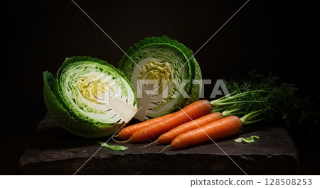 Fresh green cabbage and carrots on a dark rustic surface, still life Fresh green cabbage and carrots on a dark rustic surface, still life 128508253