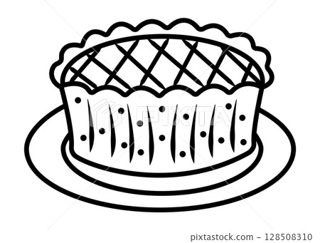 Braided pie on a plate, black line vector doodle 128508310