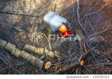 City municipal service worker removes and saws cut tree branches in courtyard of an apartment building. View from above. City municipal service worker removes and saws cut tree branches in courtyard of an apartment building. View from above. 128508325