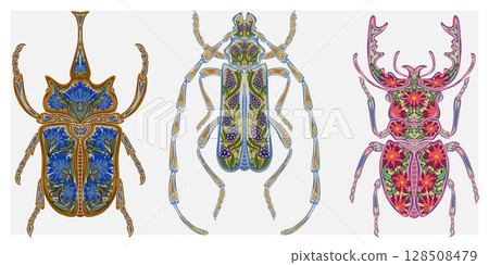 Stylized decorative illustration of a beetle with intricate floral patterns in Art Nouveau style, inspired by nature. 128508479