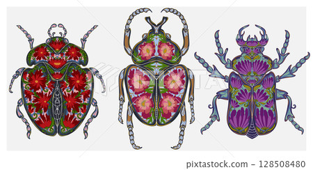 Stylized decorative illustration of a beetle with intricate floral patterns in Art Nouveau style, inspired by nature. 128508480