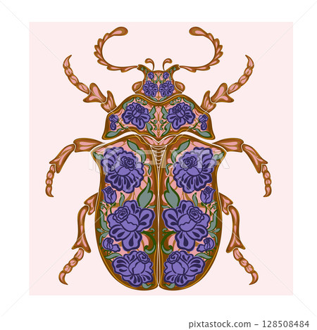 Stylized decorative illustration of a beetle with intricate floral patterns in Art Nouveau style, inspired by nature. Stylized decorative illustration of a beetle with intricate floral patterns in Art Nouveau style, inspired by nature. 128508484