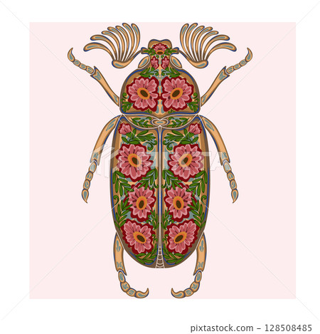 Stylized decorative illustration of a beetle with intricate floral patterns in Art Nouveau style, inspired by nature. 128508485