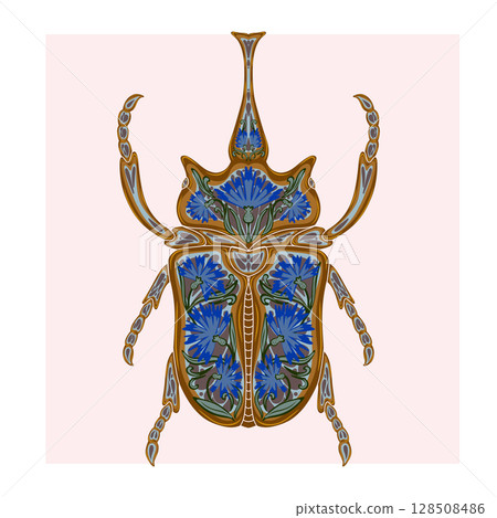 Stylized decorative illustration of a beetle with intricate floral patterns in Art Nouveau style, inspired by nature. 128508486
