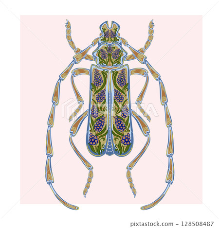 Stylized decorative illustration of a beetle with intricate floral patterns in Art Nouveau style, inspired by nature. 128508487