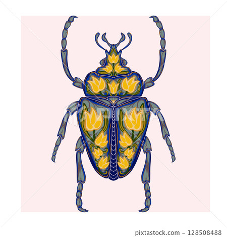 Stylized decorative illustration of a beetle with intricate floral patterns in Art Nouveau style, inspired by nature. 128508488