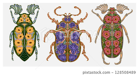 Stylized decorative illustration of a beetle with intricate floral patterns in Art Nouveau style, inspired by nature. Stylized decorative illustration of a beetle with intricate floral patterns in Art Nouveau style, inspired by nature. 128508489