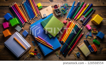 Colorful School Supplies on Wooden Desk. Back to School Concept. Generated image Colorful School Supplies on Wooden Desk. Back to School Concept. Generated image 128508554