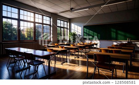 Clean Classroom with Empty Desks. Back to School Concept. Generated image 128508581