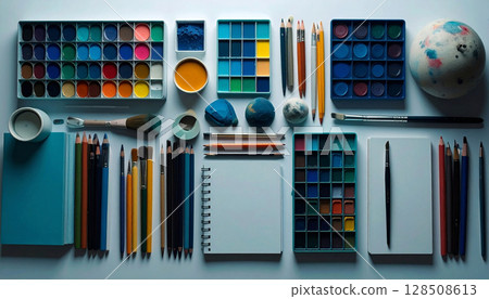 Art Supplies Ready for New School Year. Back to School Concept. Generated image Art Supplies Ready for New School Year. Back to School Concept. Generated image 128508613