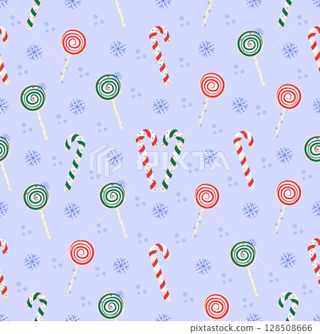 Candy cane and lollipop seamless pattern, color winter background Candy cane and lollipop seamless pattern, color winter background 128508666
