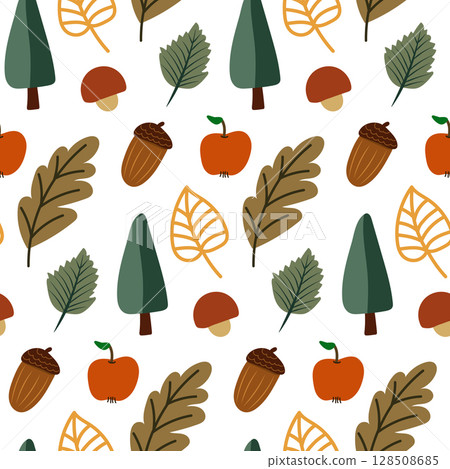 Cozy autumn seamless pattern with acorn, tree, leaves and apple. 128508685