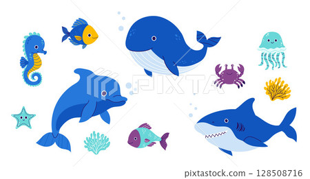 Cute Sea Animals Set. Cartoon Marine Life. Isolated Dolphin, fish, blue whale, jellyfish, crab, shark, Seahorse  and starfish on white background. Vector illustration. Kids collection 128508716