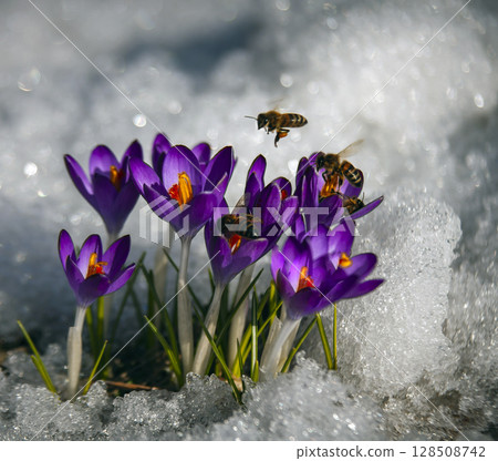 April bees collect pollen from the first flowers blooming in the snow. 128508742