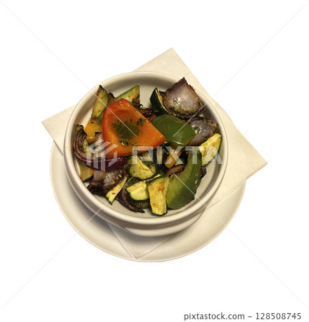 Grilled vegetables in white bowl and plate, healthy organic side dish full of vitamins, restaurant serving vegetables, isolated object cut out with clipping path, soft selective focus 128508745
