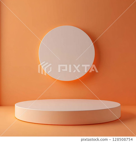 White cylindrical podium and a white circle on a solid orange background. Generative AI 128508754