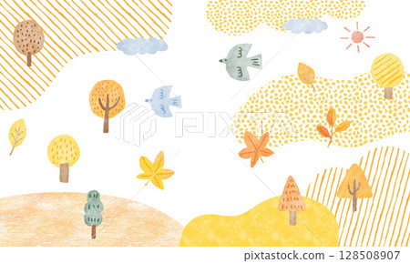 Landscape illustration with autumn leaves and small birds Landscape illustration with autumn leaves and small birds 128508907
