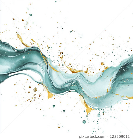 Turquoise waves with golden accents and splashes, abstract background. Generative AI Turquoise waves with golden accents and splashes, abstract background. Generative AI 128509011