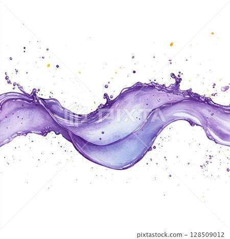 Horizontal purple wave with scattered golden and purple splashes. Generative AI 128509012