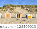 A view of the beach and beach houses in De Koog on the island of Texel in the Netherlands (AI illustration generated from original image) 128509013