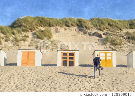 荷蘭特塞爾島德科赫的海灘和海濱別墅景觀（由原始圖像生成的 AI 插圖） 128509013