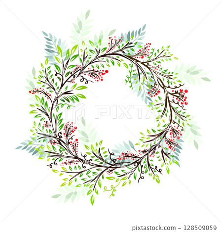 Hand drawn herb floral frame. Round frame with twigs and berries. Not AI, Vector illustration 128509059