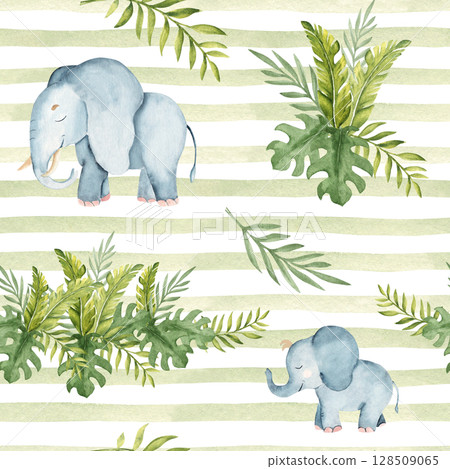 Cute elephant baby and adult Watercolor seamless pattern with Tropical leaves on green striped background. Safari Animals hand drawn illustrations for kid textile prints, wallpaper and packaging paper Cute elephant baby and adult Watercolor seamless pattern with Tropical leaves on green striped background. Safari Animals hand drawn illustrations for kid textile prints, wallpaper and packaging paper 128509065