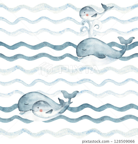 Watercolor blue Whales seamless pattern, adult and child swimming in Ocean waves. Hand drawn illustration for kids wallpaper, textile and packaging prints. Watercolor blue Whales seamless pattern, adult and child swimming in Ocean waves. Hand drawn illustration for kids wallpaper, textile and packaging prints. 128509066