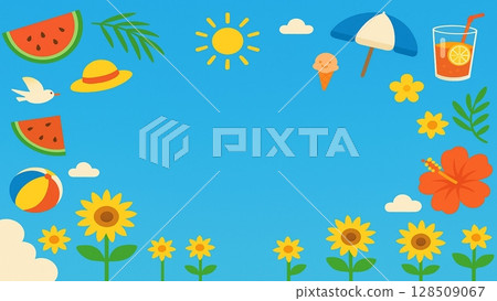 以中央空間為中心，以向日葵和夏季物品為主題的夏季插圖背景素材（16:9） 128509067