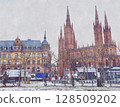 Winter view of the New Town Hall and Marktkirche from the Marktplatz in Wiesbaden (AI generated from original image) 128509202