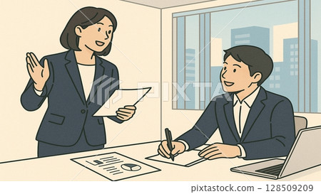 Illustration of a business scene where men and women in suits are having a conversation (conversation, consultation, meeting) 128509209