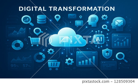 描繪雲端技術和數位轉型的商業資訊圖表圖示集合 128509304