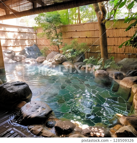 An open-air bath with a tranquil atmosphere, surrounded by bamboo fences and natural trees. 128509326