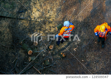 Dnipro, Ukraine - March 20, 2024: A City municipal service workers clean and saw and remove cut tree branches in the courtyard of an apartment building. 128509347