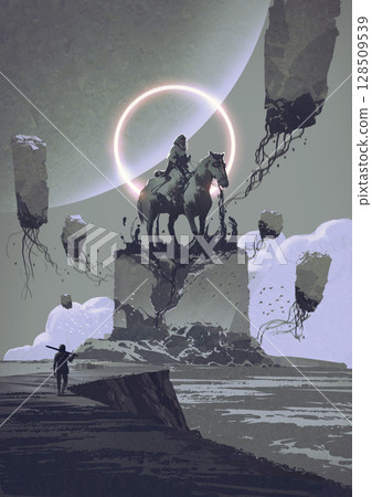 The Unknown Rider Beneath Strange Planetary Sky 128509539