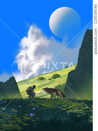 Traveler and Wolf Under a Distant Moon 128509540
