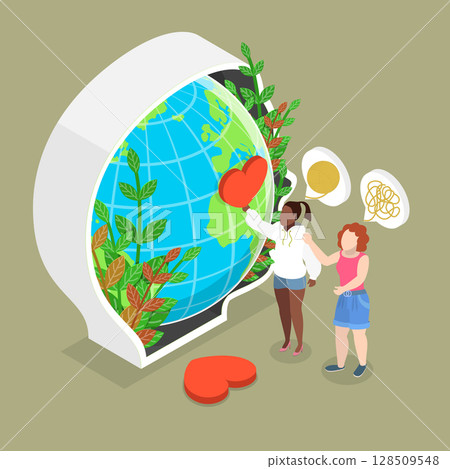 3D Isometric Flat Vector Illustration of Psychotherapy Help, Global Psychology, Breaking Boundaries And Borders 128509548