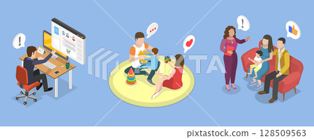 3D Isometric Flat Vector Illustration of Secure Environment for Children, Happy Adoptive Family With Child 128509563