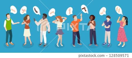 3D Isometric Flat Vector Illustration of Hand Gestures Set, Diverse Group Displaying Some Hand Gestures 128509571